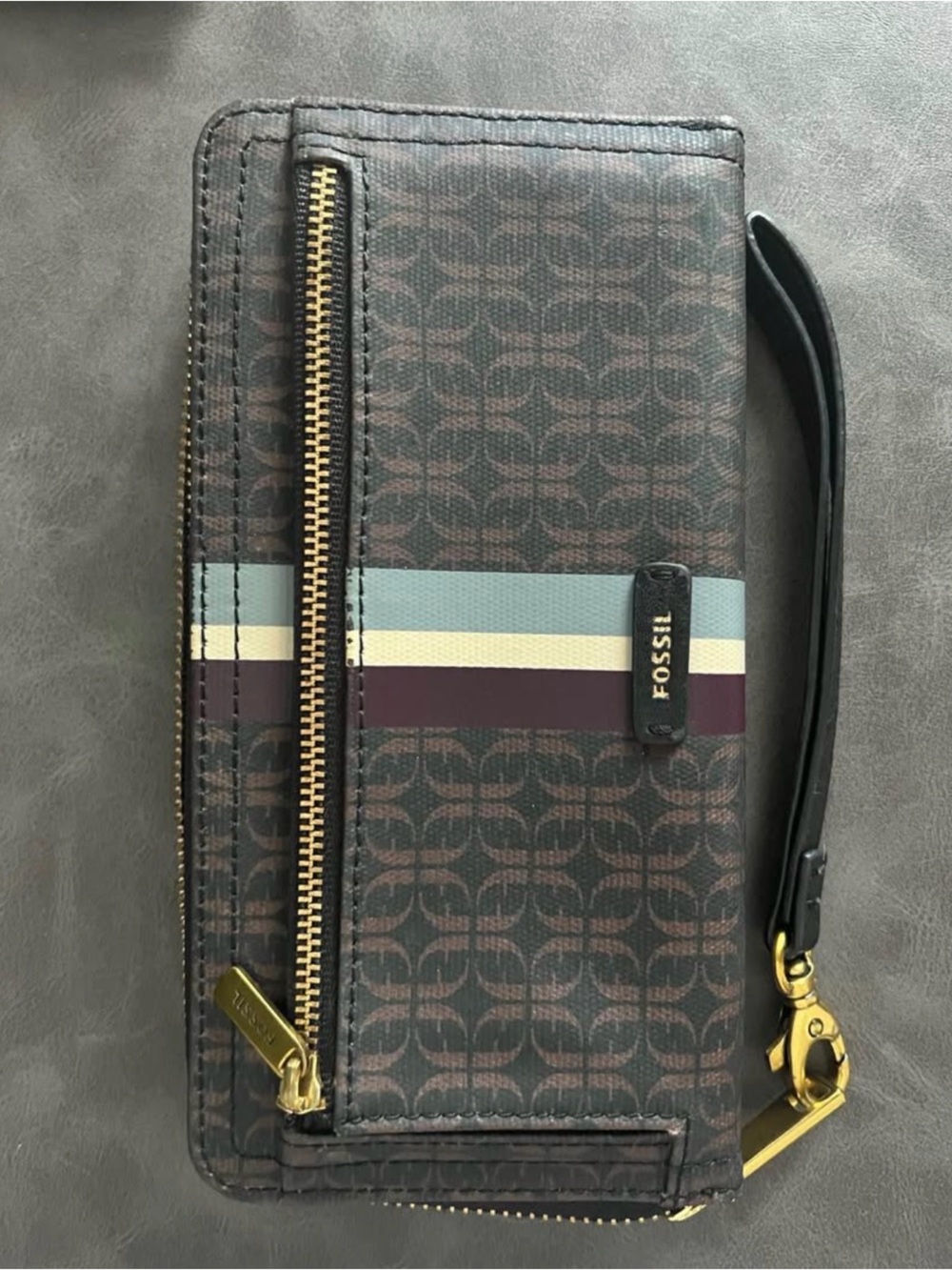 Fossil Women’s Black/Brown Signature Wristlet Wallet with Stripe Accent